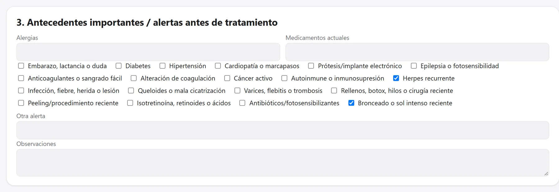 Antecedentes y alertas antes de tratamiento